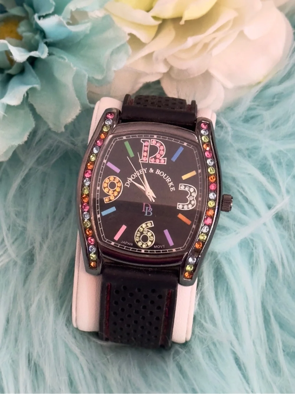 Dooney & Bourke Black Strap Watch with Multicolor Crystal Accents